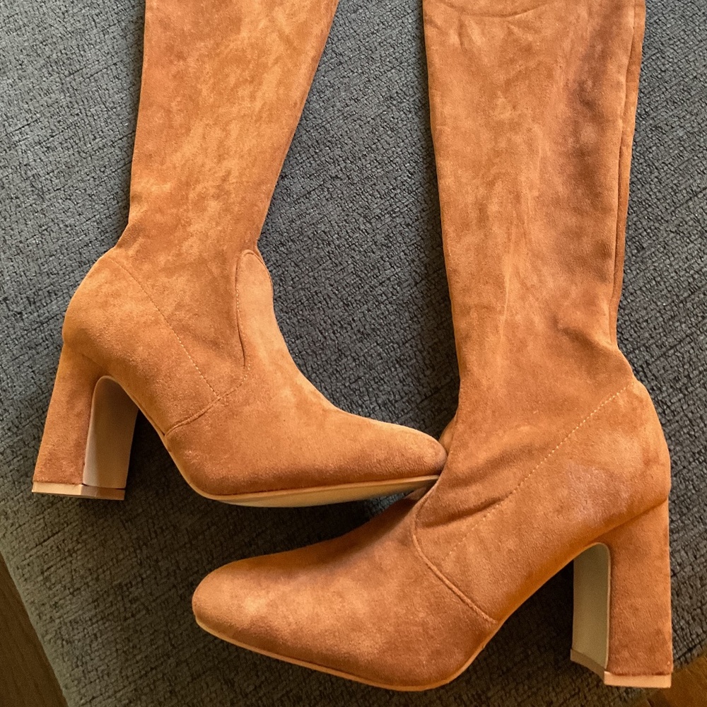 Weismann suede camel brown size 8 thigh high heeled boots